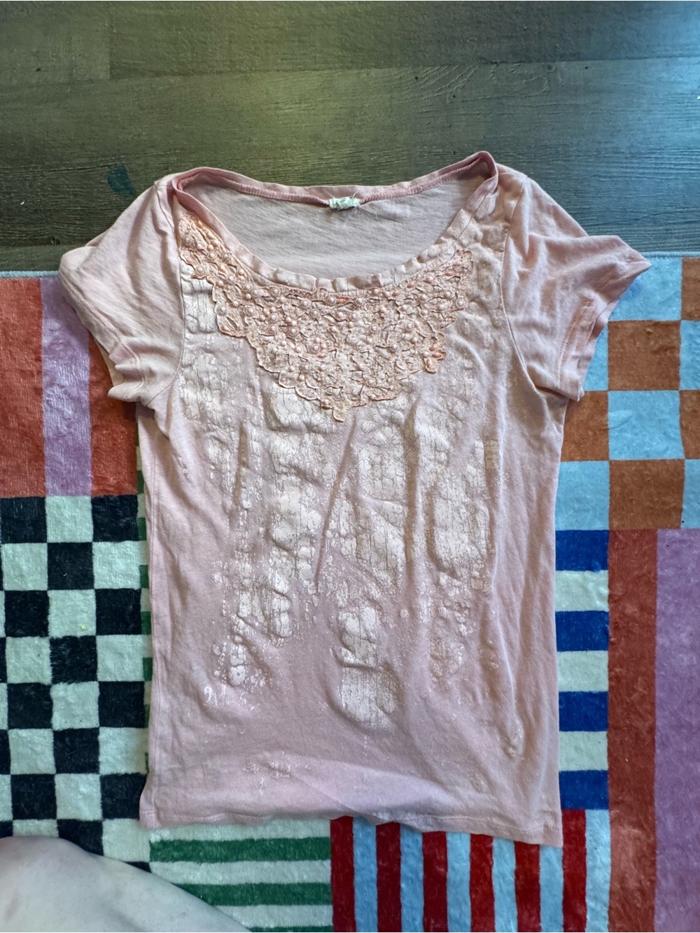 J. Crew Pale Pink Scoop Neck Tee with Lace Yoke